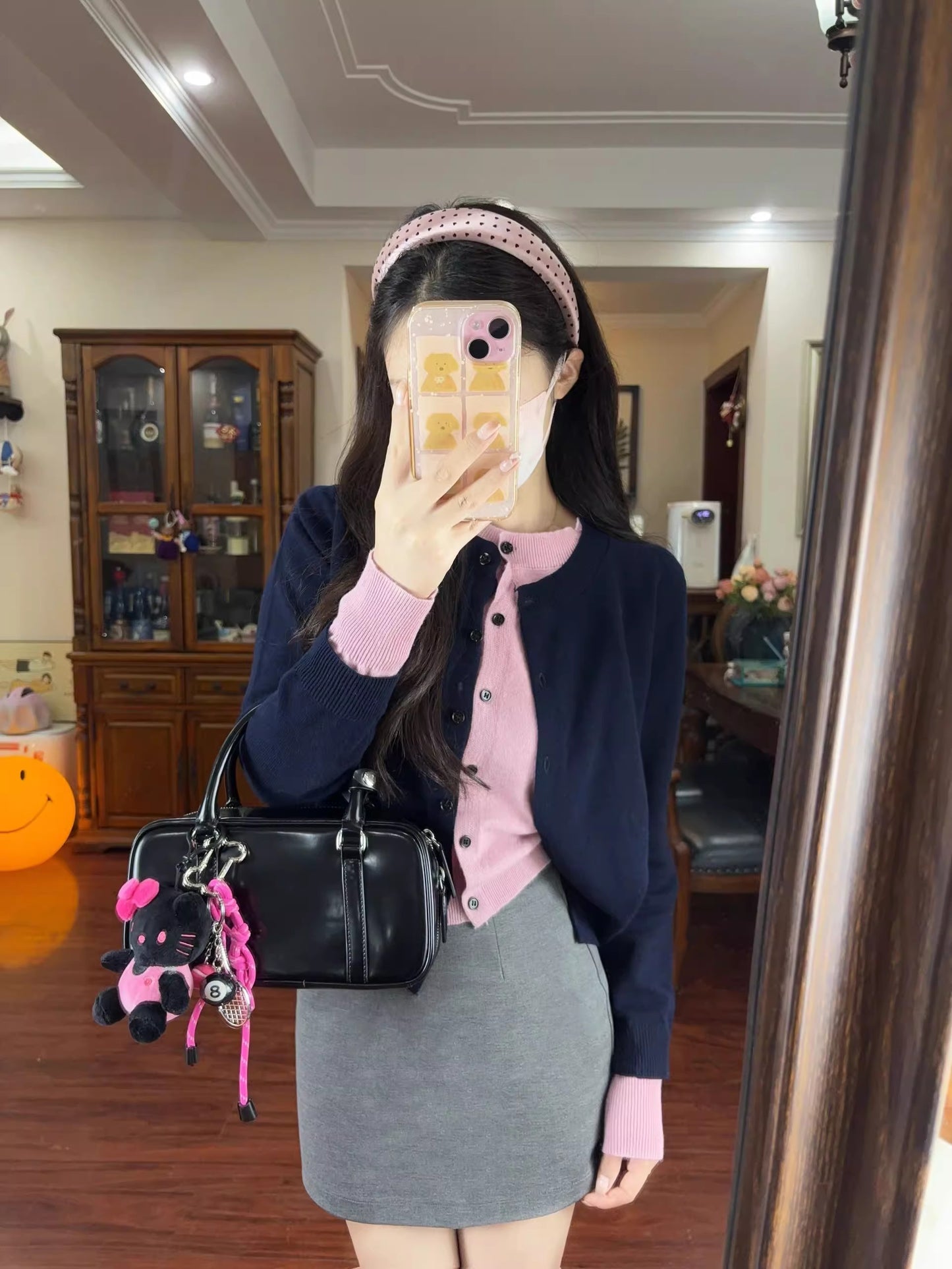 Y2K Style 2-Piece Set Sheath Mini Skirt Charming Knitted Long Sleeve Colorblock Cardigan Jewel Neck Short Dress AP3685