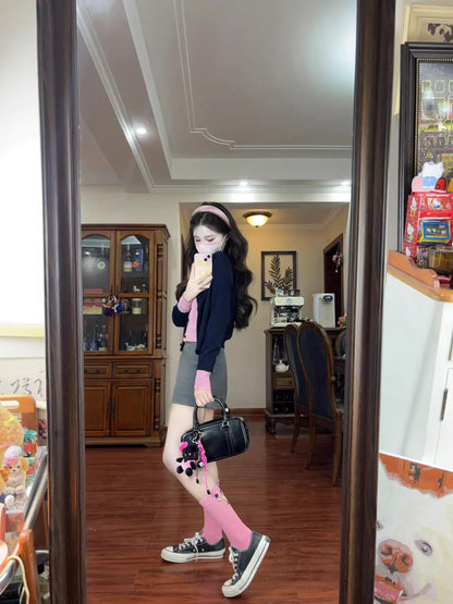 Y2K Style 2-Piece Set Sheath Mini Skirt Charming Knitted Long Sleeve Colorblock Cardigan Jewel Neck Short Dress AP3685