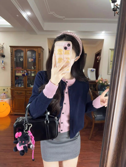 Y2K Style 2-Piece Set Sheath Mini Skirt Charming Knitted Long Sleeve Colorblock Cardigan Jewel Neck Short Dress AP3685