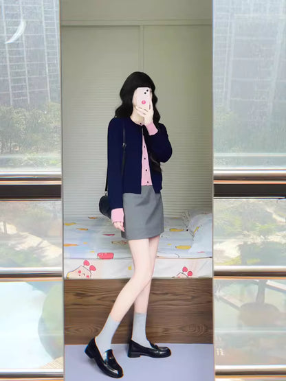 Y2K Style 2-Piece Set Sheath Mini Skirt Charming Knitted Long Sleeve Colorblock Cardigan Jewel Neck Short Dress AP3685