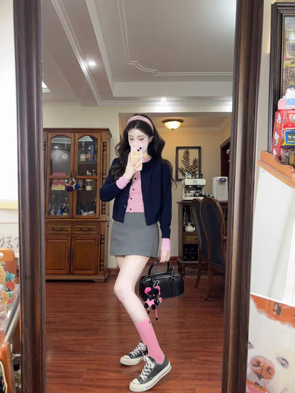 Y2K Style 2-Piece Set Sheath Mini Skirt Charming Knitted Long Sleeve Colorblock Cardigan Jewel Neck Short Dress AP3685