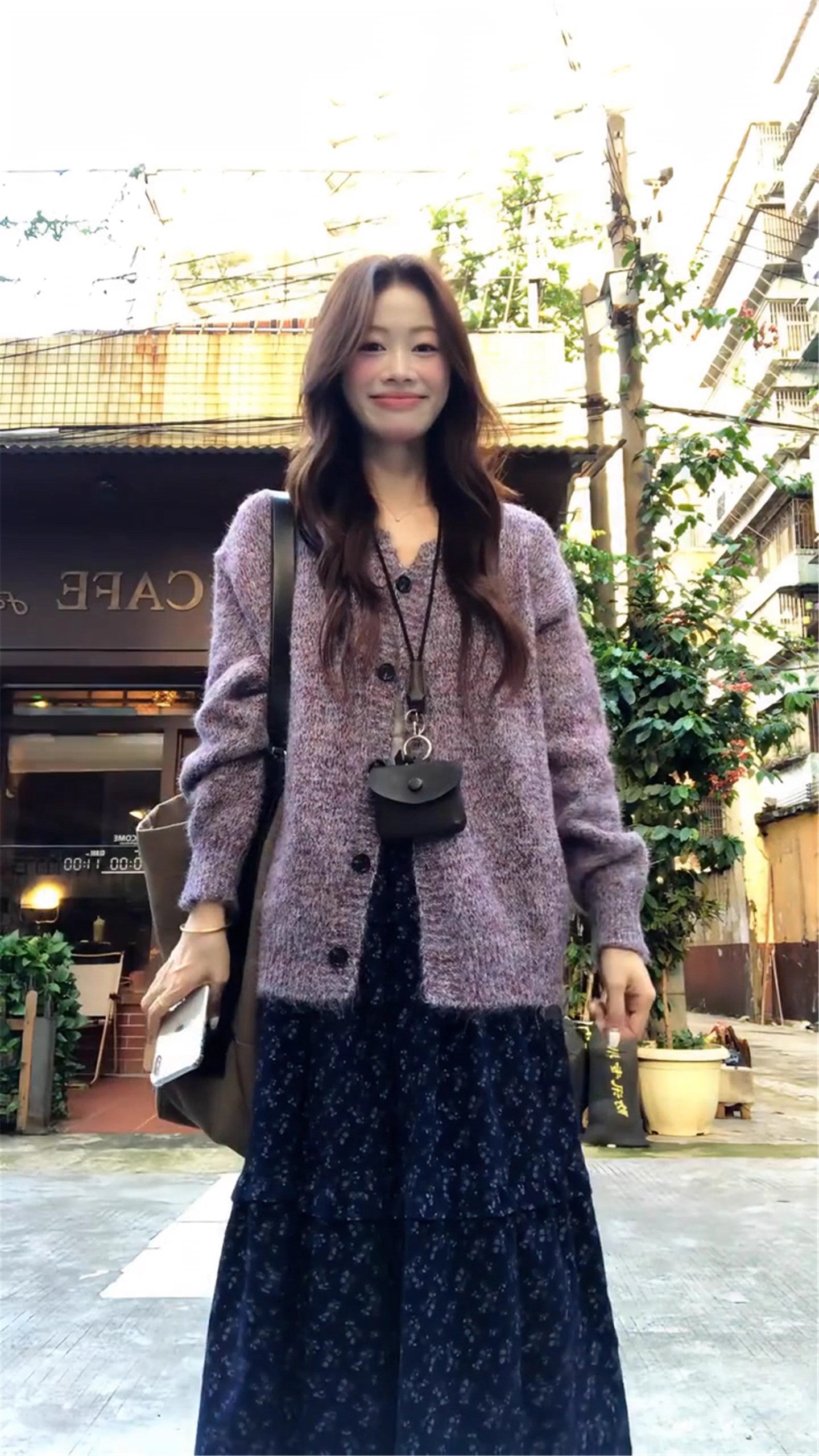 Glam 2-Piece Set Knitted Purple Sweater A-Line Maxi Dress Romantic Long Sleeve Floral Print Long Dress AP3686