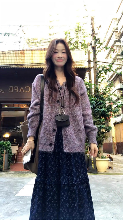 Glam 2-Piece Set Knitted Purple Sweater A-Line Maxi Dress Romantic Long Sleeve Floral Print Long Dress AP3686