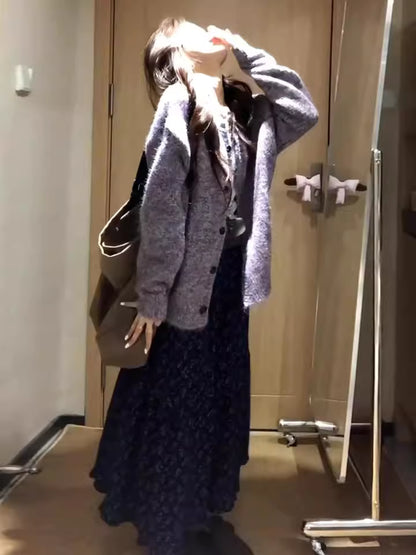 Glam 2-Piece Set Knitted Purple Sweater A-Line Maxi Dress Romantic Long Sleeve Floral Print Long Dress AP3686