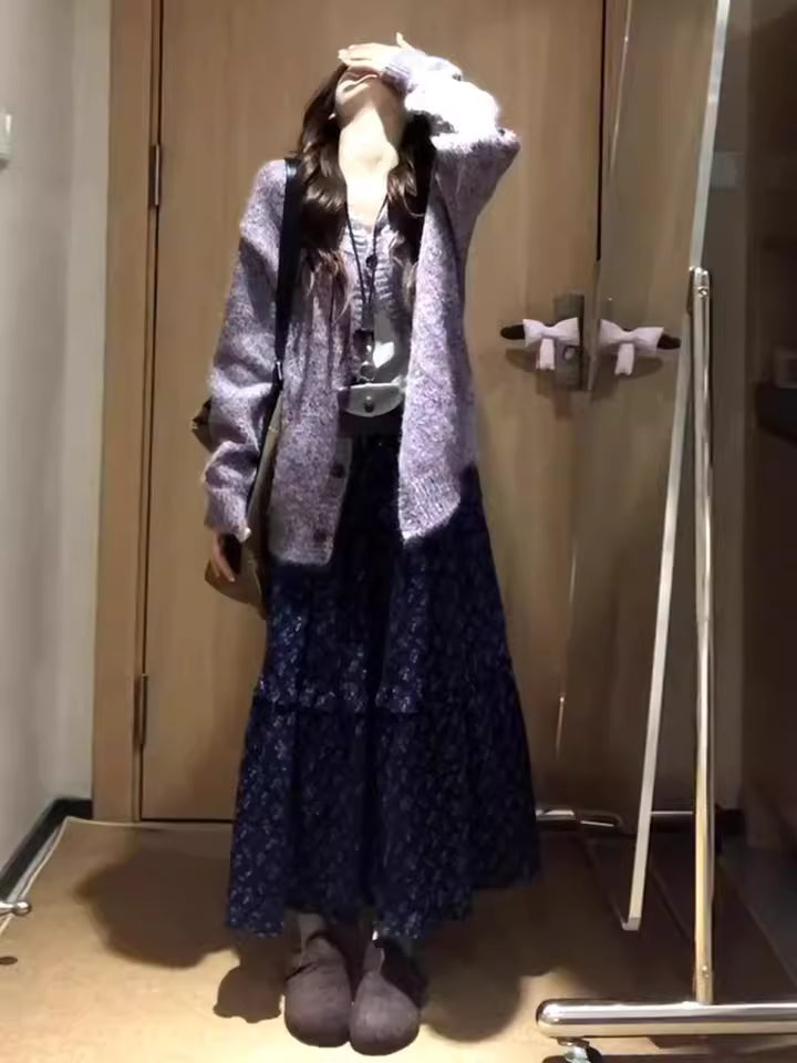 Glam 2-Piece Set Knitted Purple Sweater A-Line Maxi Dress Romantic Long Sleeve Floral Print Long Dress AP3686