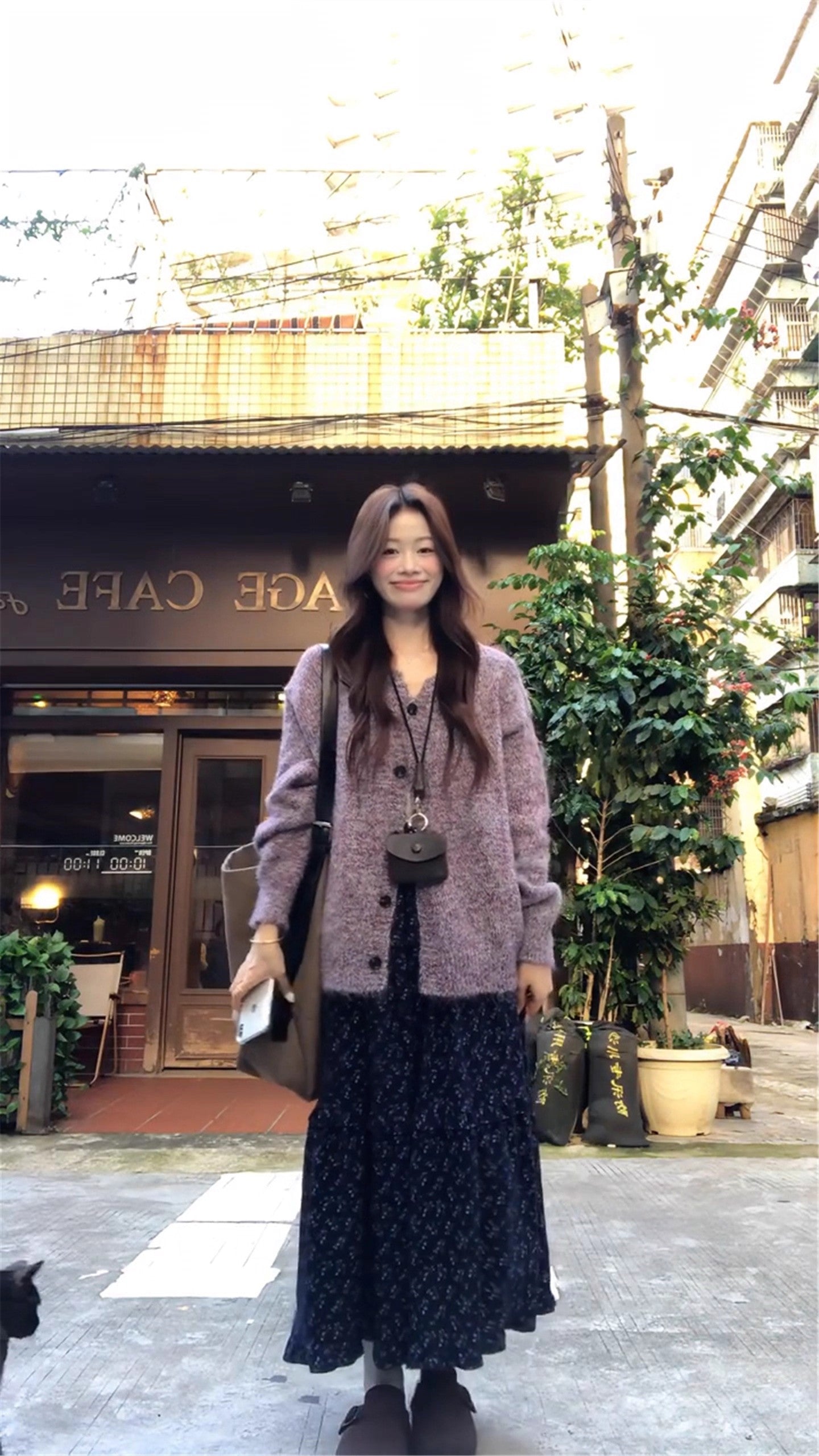 Glam 2-Piece Set Knitted Purple Sweater A-Line Maxi Dress Romantic Long Sleeve Floral Print Long Dress AP3686