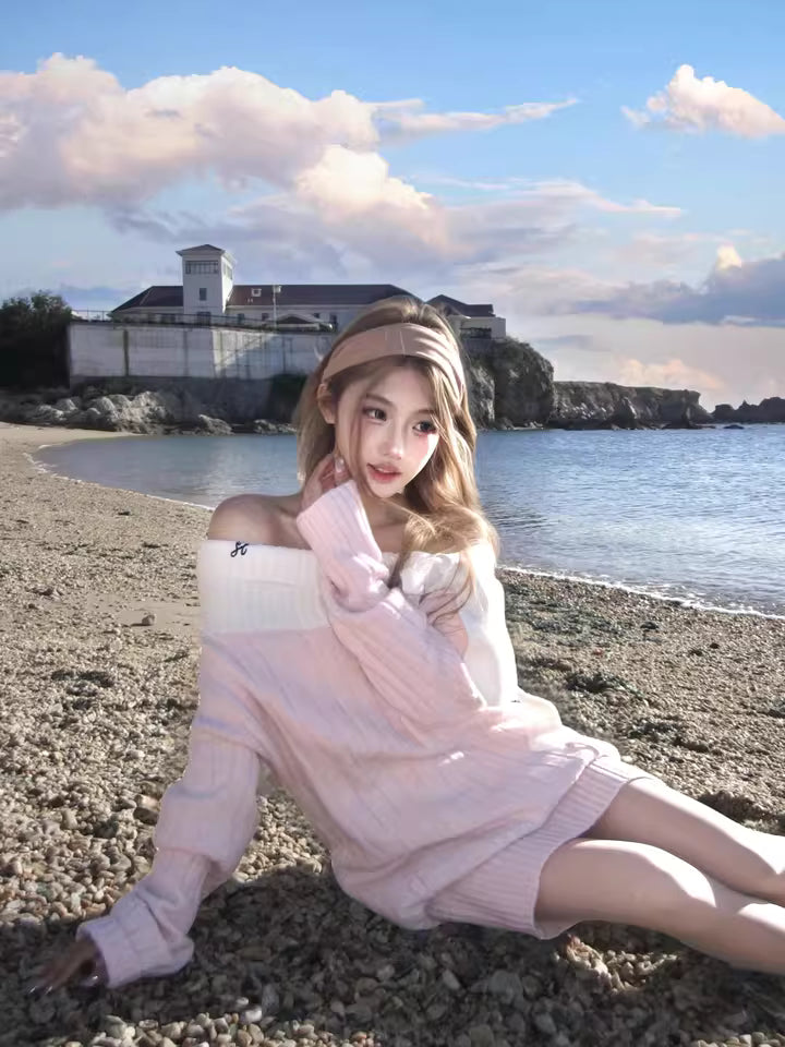 Elegant Sheath Pink Knitted Mini Skirt Vogue Off-Shoulder Bow Long Sleeve Short Dress AP3687