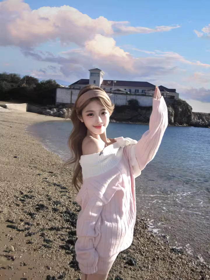 Elegant Sheath Pink Knitted Mini Skirt Vogue Off-Shoulder Bow Long Sleeve Short Dress AP3687