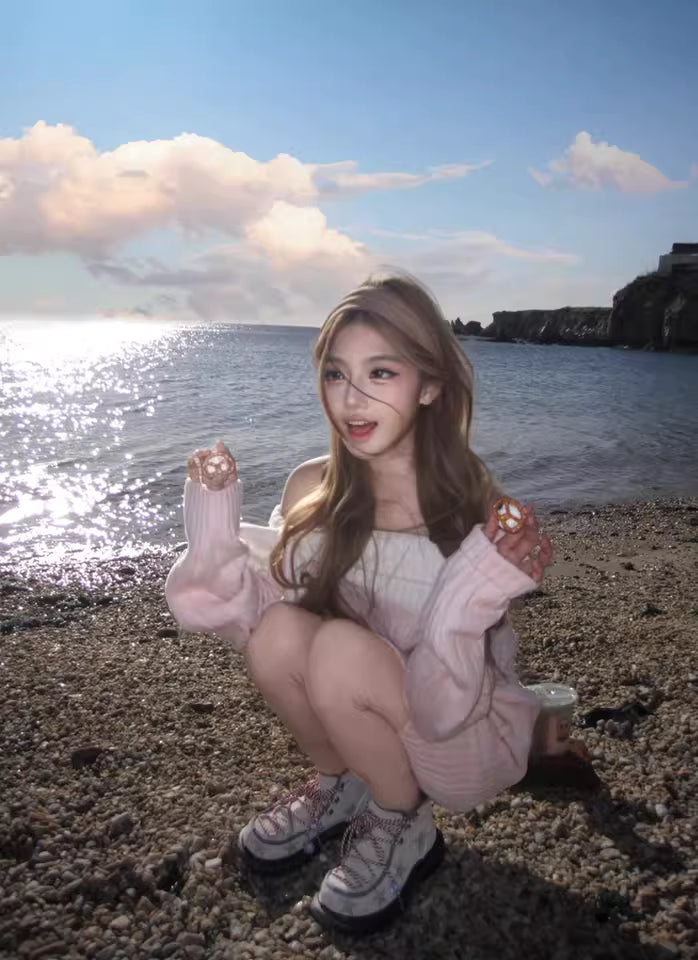 Elegant Sheath Pink Knitted Mini Skirt Vogue Off-Shoulder Bow Long Sleeve Short Dress AP3687