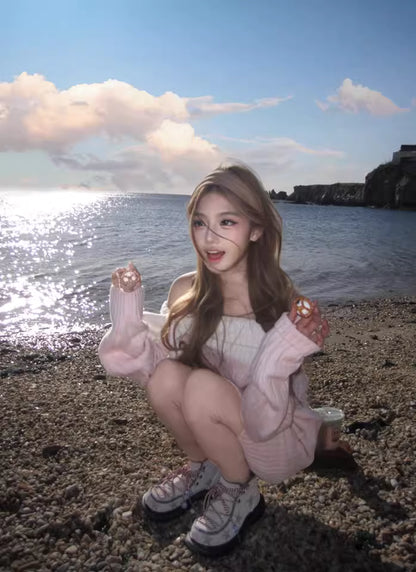 Elegant Sheath Pink Knitted Mini Skirt Vogue Off-Shoulder Bow Long Sleeve Short Dress AP3687