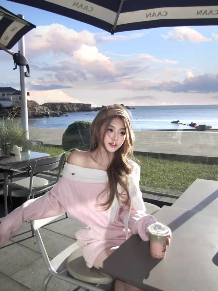 Elegant Sheath Pink Knitted Mini Skirt Vogue Off-Shoulder Bow Long Sleeve Short Dress AP3687