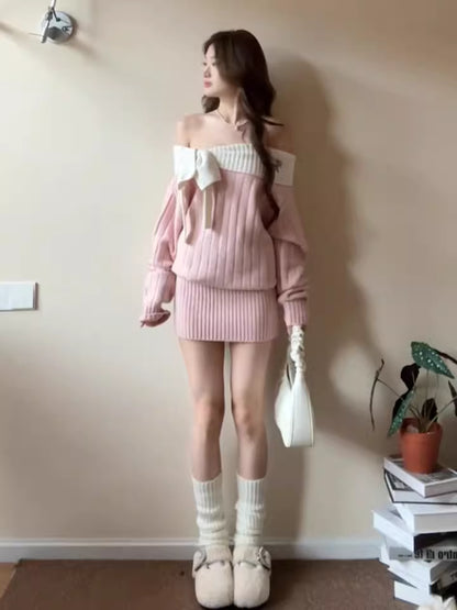 Elegant Sheath Pink Knitted Mini Skirt Vogue Off-Shoulder Bow Long Sleeve Short Dress AP3687
