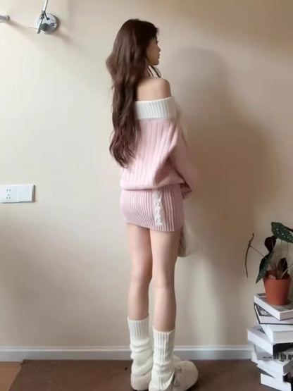 Elegant Sheath Pink Knitted Mini Skirt Vogue Off-Shoulder Bow Long Sleeve Short Dress AP3687