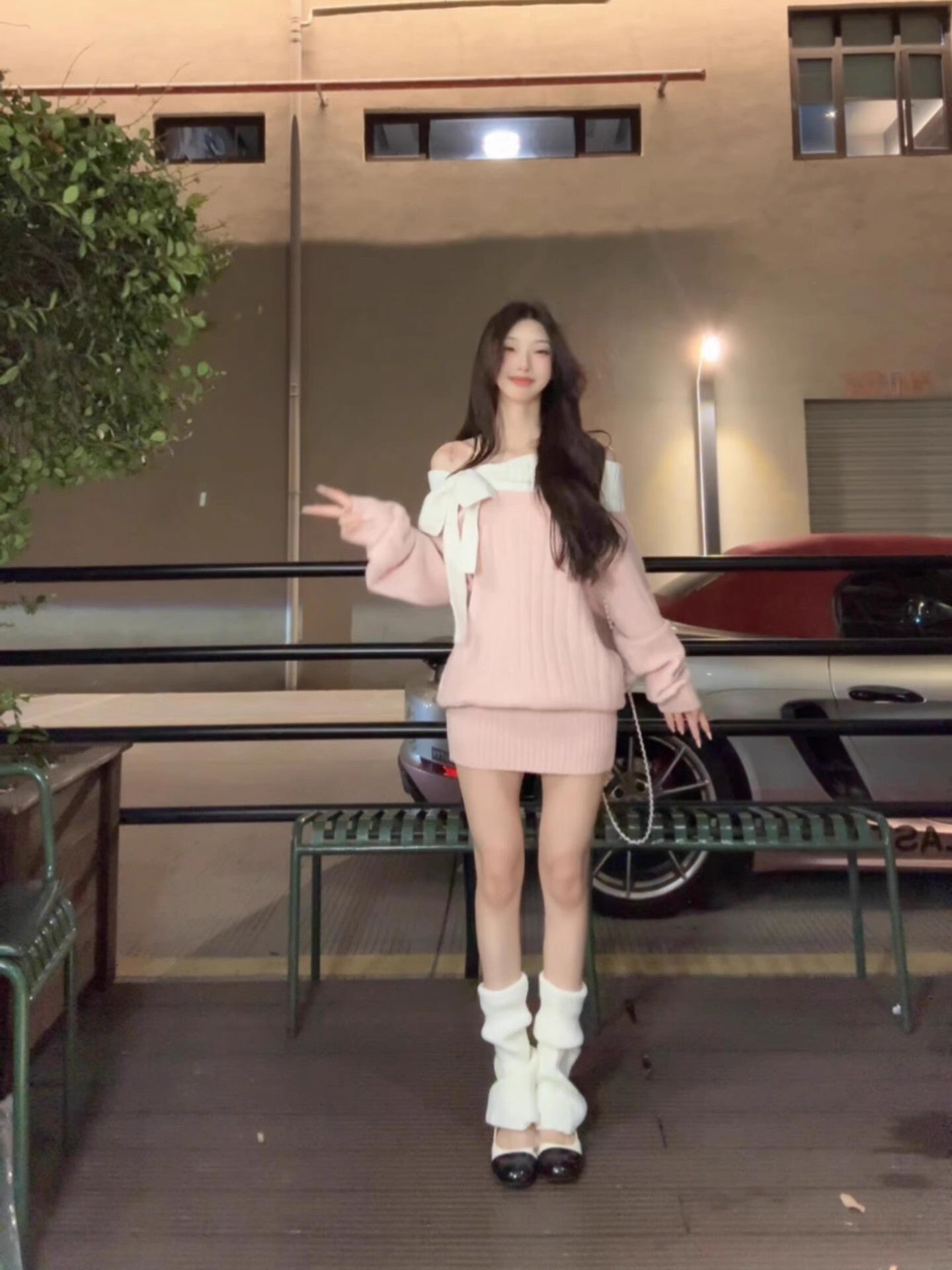 Elegant Sheath Pink Knitted Mini Skirt Vogue Off-Shoulder Bow Long Sleeve Short Dress AP3687