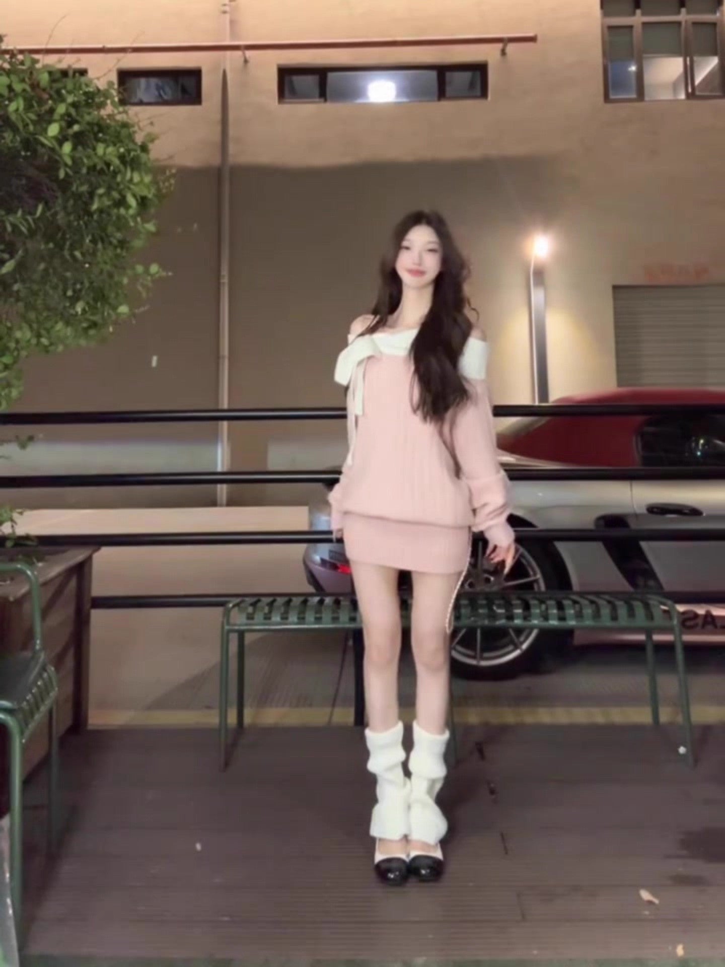 Elegant Sheath Pink Knitted Mini Skirt Vogue Off-Shoulder Bow Long Sleeve Short Dress AP3687