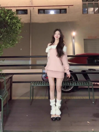 Elegant Sheath Pink Knitted Mini Skirt Vogue Off-Shoulder Bow Long Sleeve Short Dress AP3687