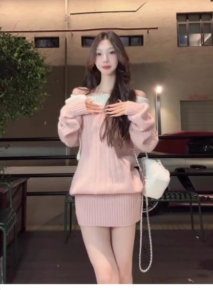 Elegant Sheath Pink Knitted Mini Skirt Vogue Off-Shoulder Bow Long Sleeve Short Dress AP3687
