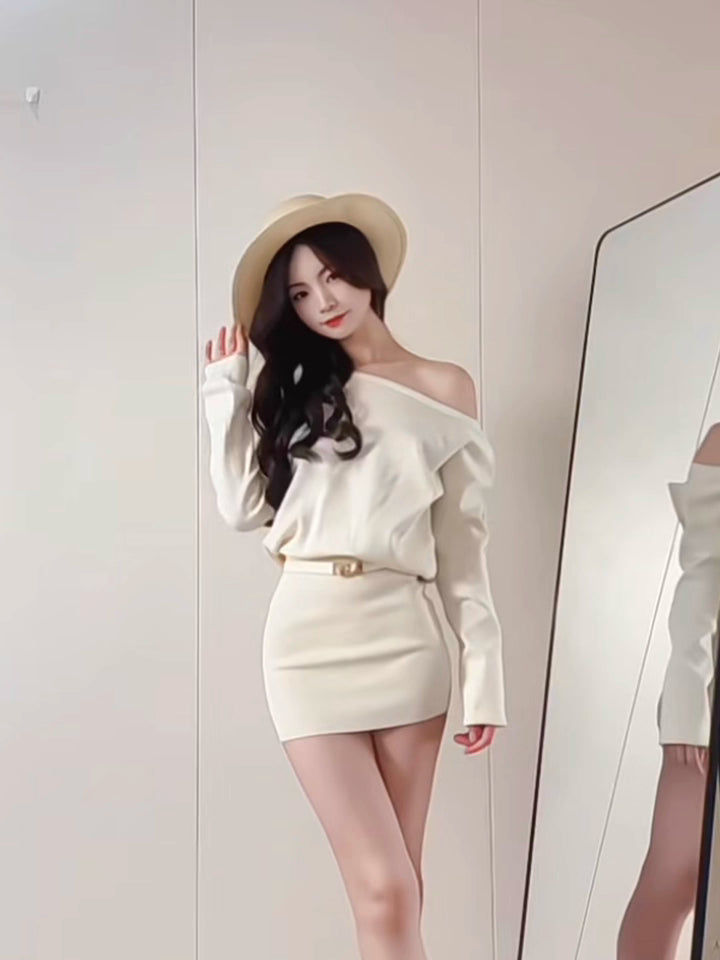 Novelty Asymmetric Neckline Sheath Mini Skirt Glamorous Flexible Knitted Long Sleeve Short Dress AP3688