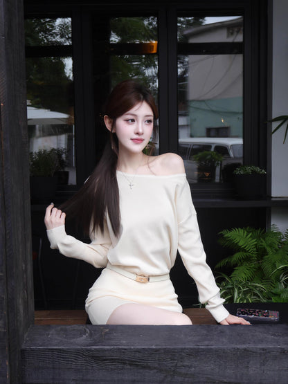 Novelty Asymmetric Neckline Sheath Mini Skirt Glamorous Flexible Knitted Long Sleeve Short Dress AP3688