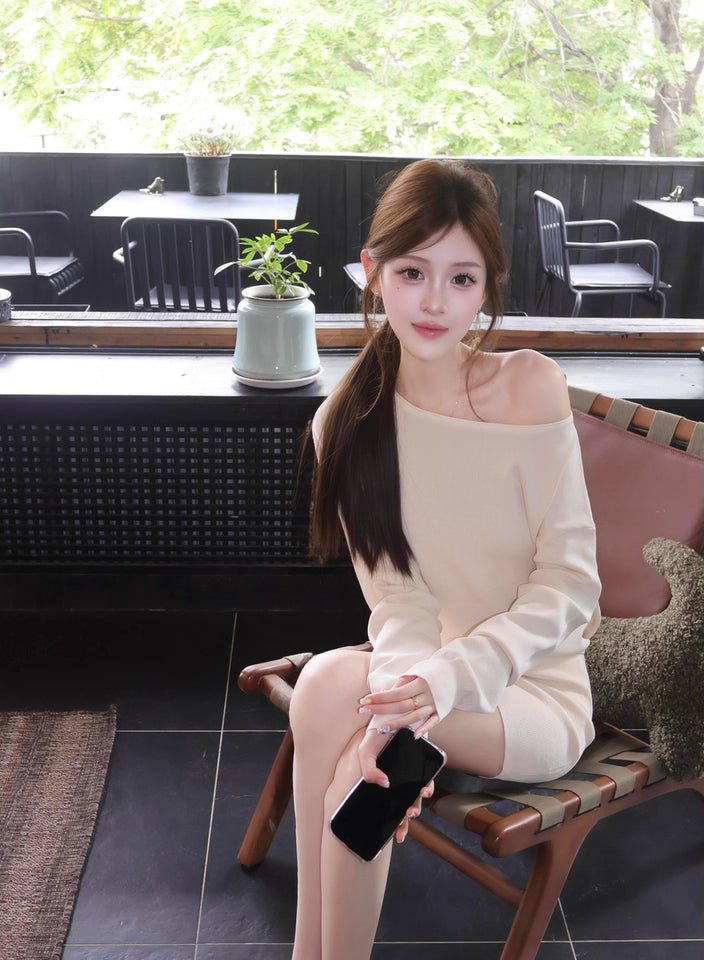 Novelty Asymmetric Neckline Sheath Mini Skirt Glamorous Flexible Knitted Long Sleeve Short Dress AP3688