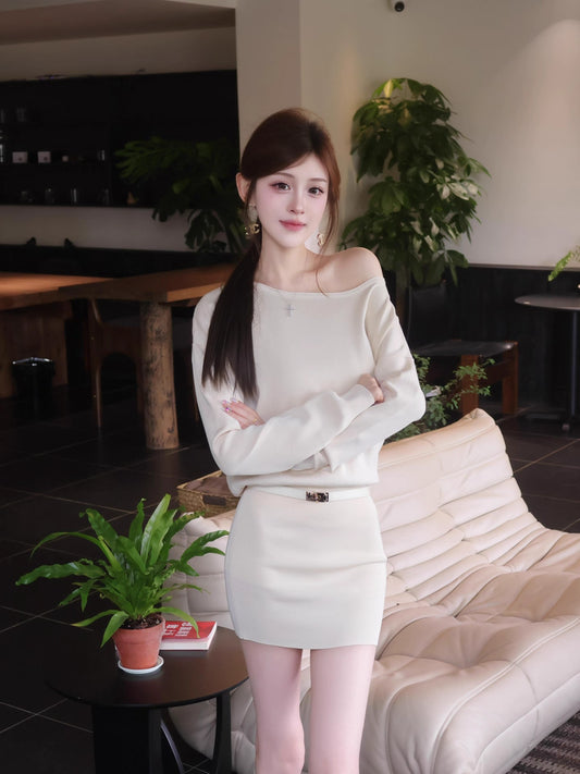 Novelty Asymmetric Neckline Sheath Mini Skirt Glamorous Flexible Knitted Long Sleeve Short Dress AP3688