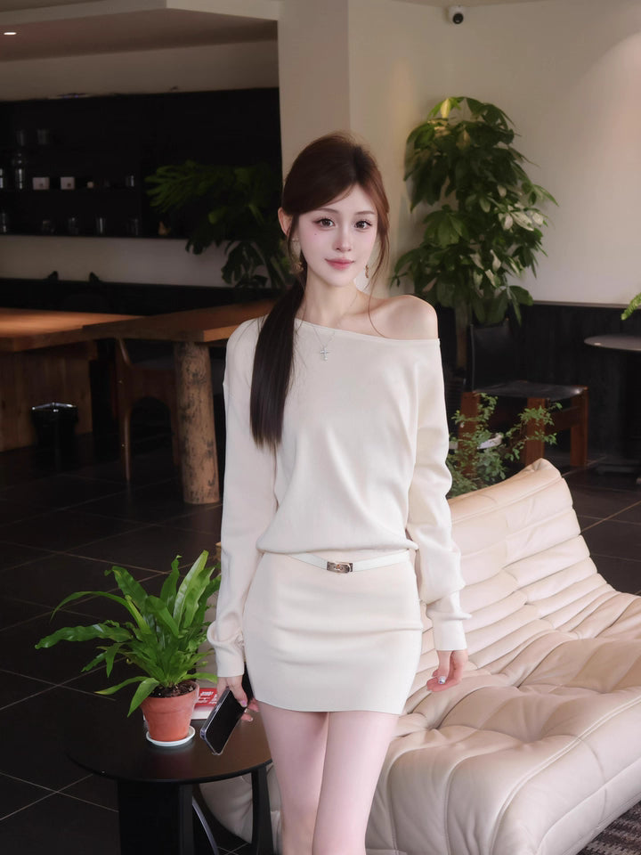 Novelty Asymmetric Neckline Sheath Mini Skirt Glamorous Flexible Knitted Long Sleeve Short Dress AP3688