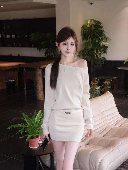 Novelty Asymmetric Neckline Sheath Mini Skirt Glamorous Flexible Knitted Long Sleeve Short Dress AP3688