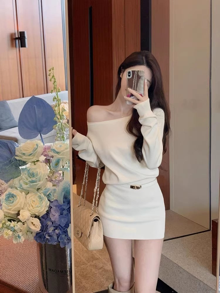 Novelty Asymmetric Neckline Sheath Mini Skirt Glamorous Flexible Knitted Long Sleeve Short Dress AP3688