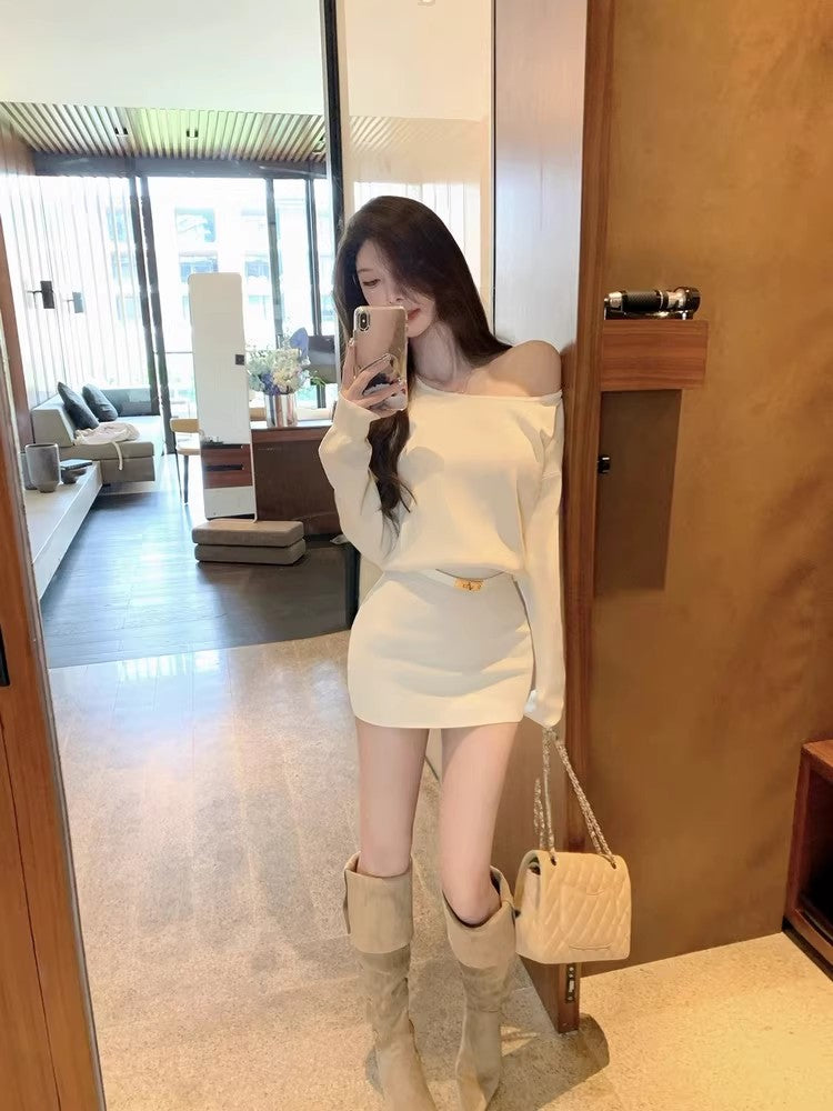 Novelty Asymmetric Neckline Sheath Mini Skirt Glamorous Flexible Knitted Long Sleeve Short Dress AP3688