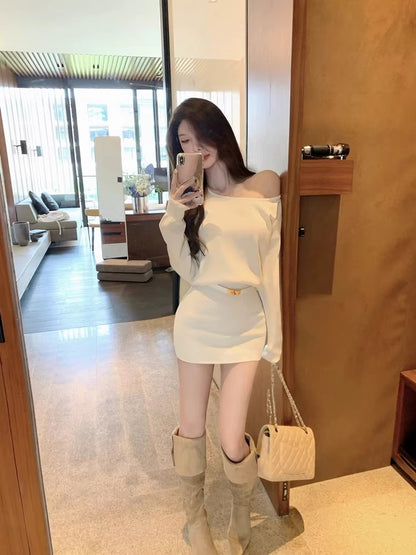 Novelty Asymmetric Neckline Sheath Mini Skirt Glamorous Flexible Knitted Long Sleeve Short Dress AP3688