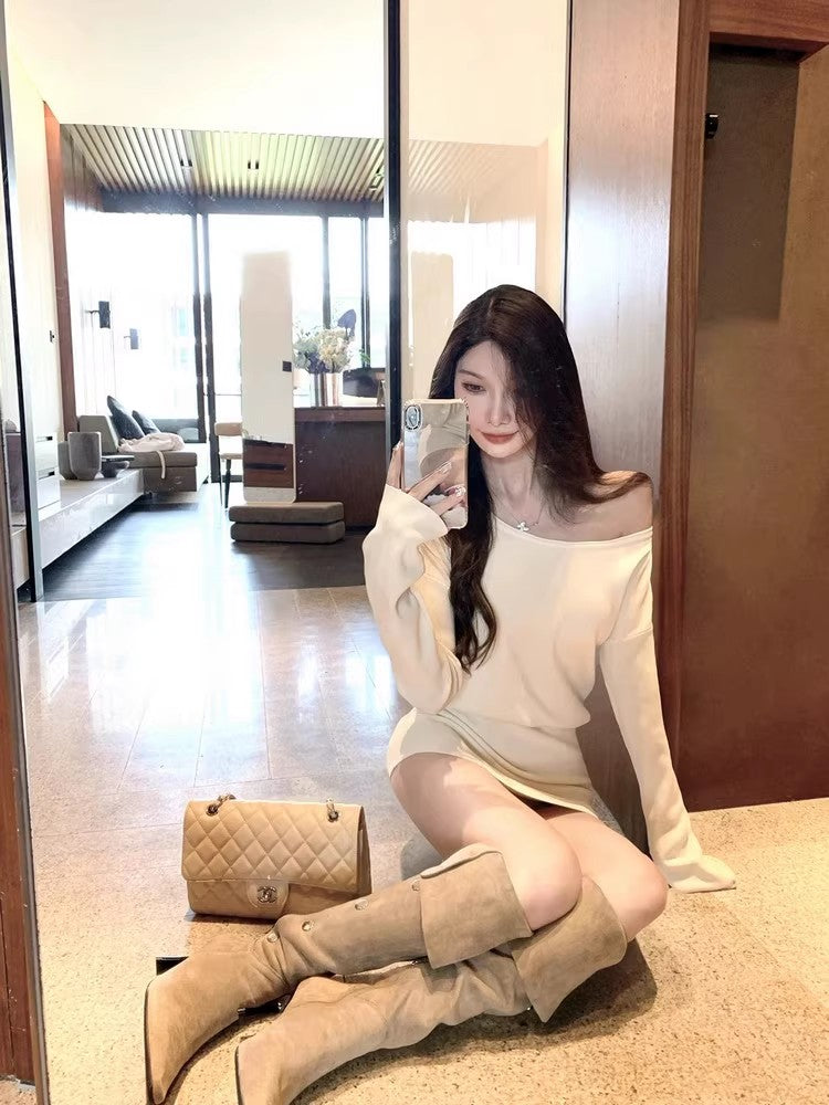 Novelty Asymmetric Neckline Sheath Mini Skirt Glamorous Flexible Knitted Long Sleeve Short Dress AP3688