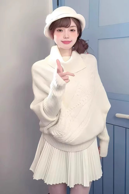 Lovely 2-Piece Set A-Line White Mini Skirt Elegant Loose Fit High Collar Long Sleeve Sweater Pressed Pleat Short Dress AP3689