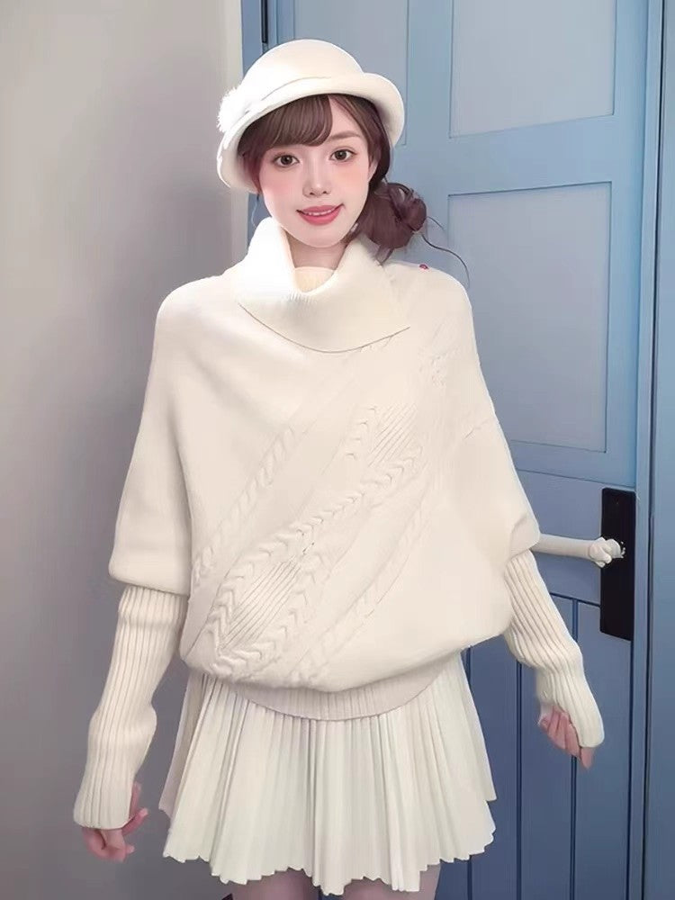 Lovely 2-Piece Set A-Line White Mini Skirt Elegant Loose Fit High Collar Long Sleeve Sweater Pressed Pleat Short Dress AP3689