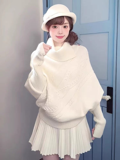 Lovely 2-Piece Set A-Line White Mini Skirt Elegant Loose Fit High Collar Long Sleeve Sweater Pressed Pleat Short Dress AP3689