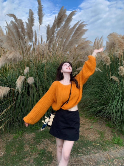 Vibrant Oversized Sweater Bodycon Mini Skirt Vogue Knitted Long Sleeve Jewel Neck Short Dress AP3690