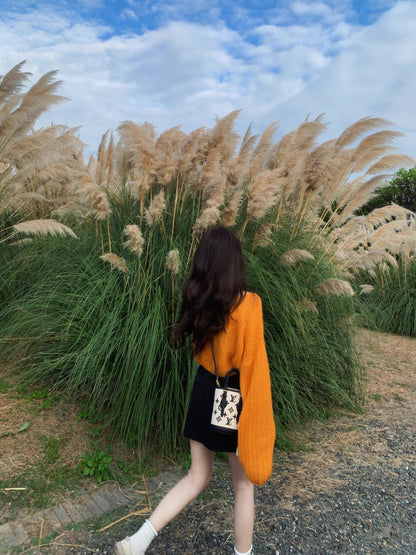 Vibrant Oversized Sweater Bodycon Mini Skirt Vogue Knitted Long Sleeve Jewel Neck Short Dress AP3690