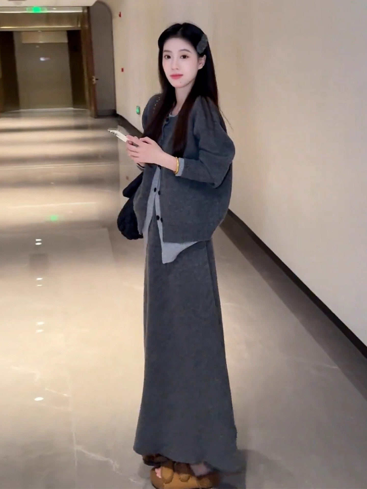 Simple 2-Piece Set Knitted Cardigan A-Line Maxi Dress Charming  Long Sleeve Jewel Neck Grey Long Dress AP3691