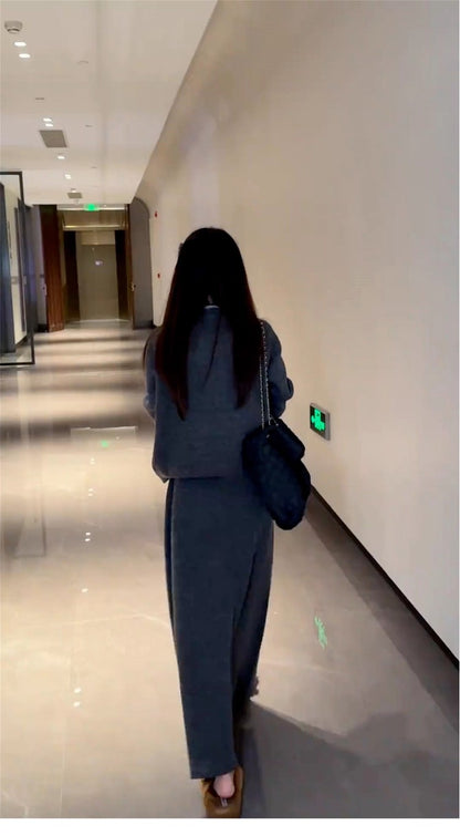 Simple 2-Piece Set Knitted Cardigan A-Line Maxi Dress Charming  Long Sleeve Jewel Neck Grey Long Dress AP3691