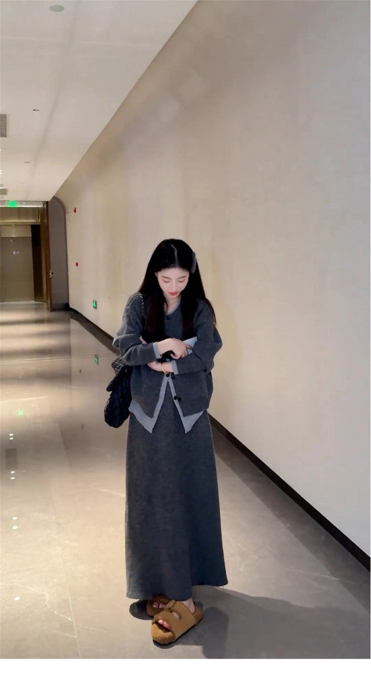 Simple 2-Piece Set Knitted Cardigan A-Line Maxi Dress Charming  Long Sleeve Jewel Neck Grey Long Dress AP3691