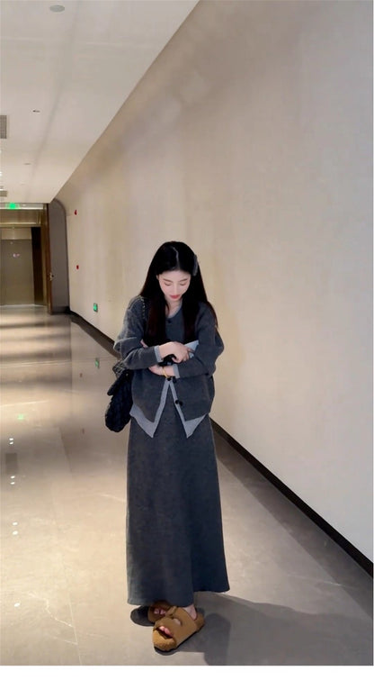 Simple 2-Piece Set Knitted Cardigan A-Line Maxi Dress Charming  Long Sleeve Jewel Neck Grey Long Dress AP3691