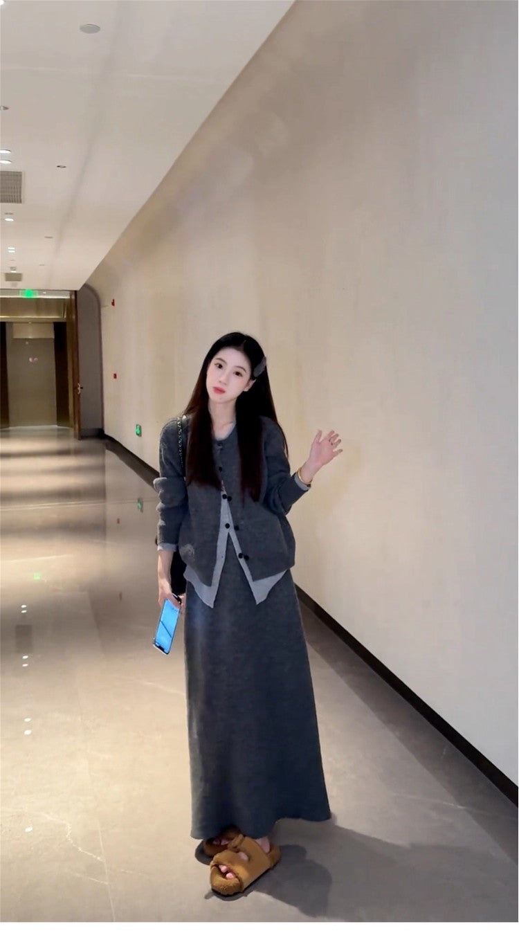 Simple 2-Piece Set Knitted Cardigan A-Line Maxi Dress Charming  Long Sleeve Jewel Neck Grey Long Dress AP3691