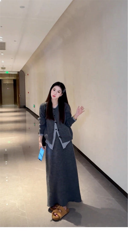 Simple 2-Piece Set Knitted Cardigan A-Line Maxi Dress Charming  Long Sleeve Jewel Neck Grey Long Dress AP3691