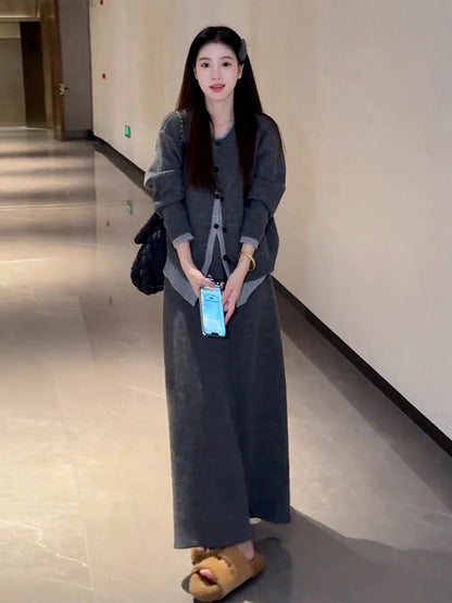 Simple 2-Piece Set Knitted Cardigan A-Line Maxi Dress Charming  Long Sleeve Jewel Neck Grey Long Dress AP3691