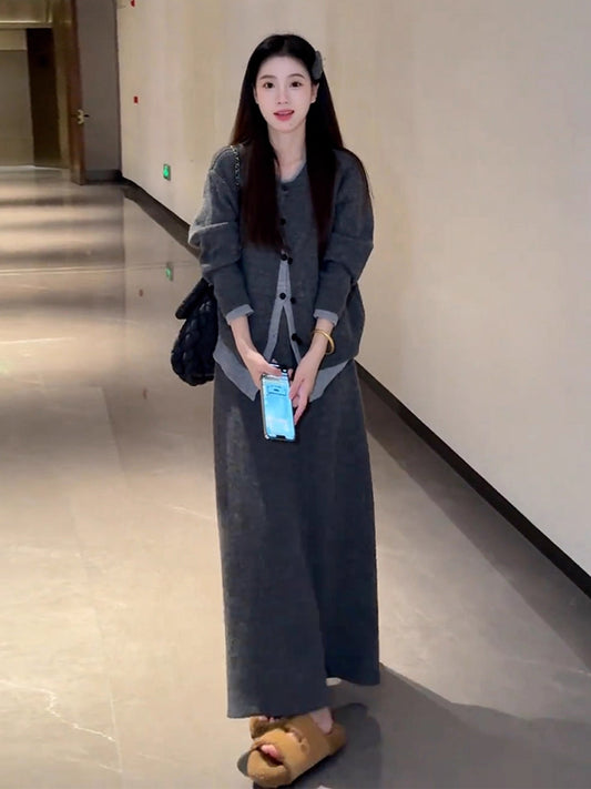 Simple 2-Piece Set Knitted Cardigan A-Line Maxi Dress Charming  Long Sleeve Jewel Neck Grey Long Dress AP3691