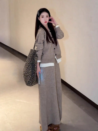 Chic Knitted Cardigan 2-Piece Set A-Line Maxi Dress Glam Jewel Neck Long Sleeve Colorblock Long Dress AP3692
