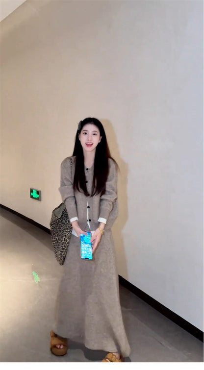 Chic Knitted Cardigan 2-Piece Set A-Line Maxi Dress Glam Jewel Neck Long Sleeve Colorblock Long Dress AP3692