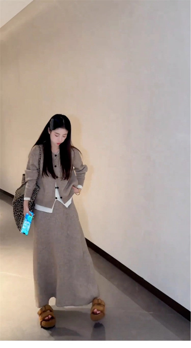 Chic Knitted Cardigan 2-Piece Set A-Line Maxi Dress Glam Jewel Neck Long Sleeve Colorblock Long Dress AP3692