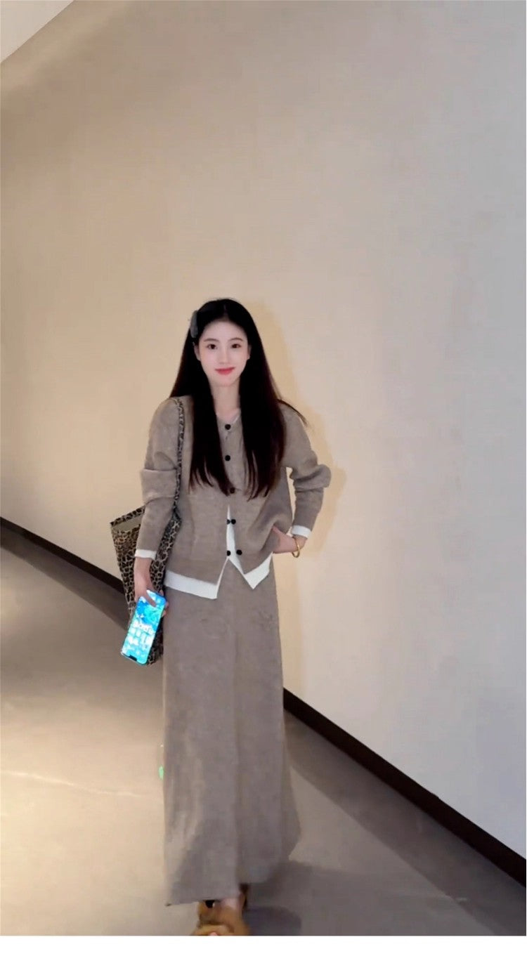 Chic Knitted Cardigan 2-Piece Set A-Line Maxi Dress Glam Jewel Neck Long Sleeve Colorblock Long Dress AP3692