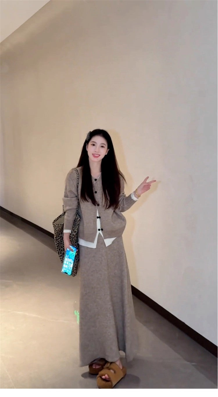 Chic Knitted Cardigan 2-Piece Set A-Line Maxi Dress Glam Jewel Neck Long Sleeve Colorblock Long Dress AP3692