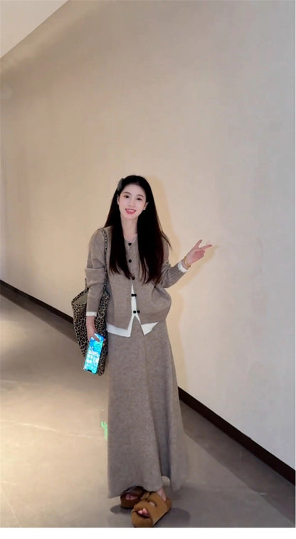 Chic Knitted Cardigan 2-Piece Set A-Line Maxi Dress Glam Jewel Neck Long Sleeve Colorblock Long Dress AP3692